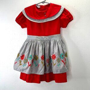 Vintage Tiny World Montgomery Ward Apron Dress 2T 3T Embroidered Puff Sleeve